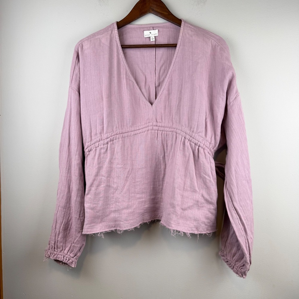 Womens V-Neck Gauze Raw Hem Blouse Large Tie Drawstring Cottagecore Boho Relaxed